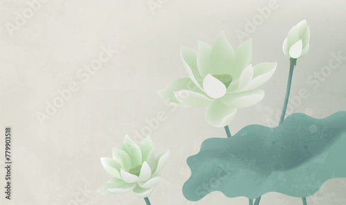 Vector Chinese style green lotus horizontal illustration