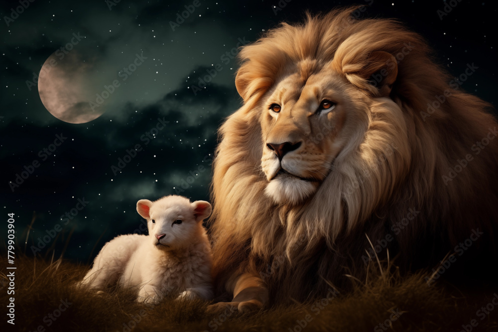 Lion and Lamb Unite, Reflecting Shared Spiritual Values and the Promise of Universal Peace in Christian and Jewish Traditions. Conceptual for Communion, Trinity, Church, Disciple, Apostle. White lamb