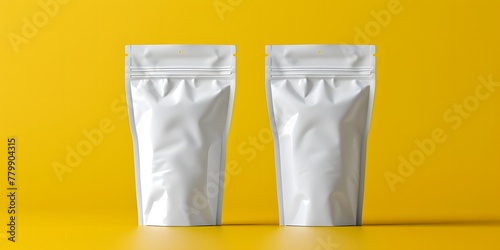 three empty pouch bag or doypack mockup isolated on yellow background