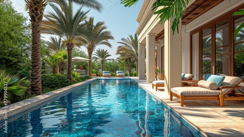 Sun lounger in a hotel near the pool, under the shade of palm trees in Oman.