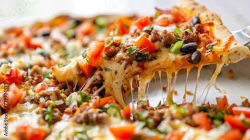 Close-up of a cheesy taco pizza slice with toppings being lifted
