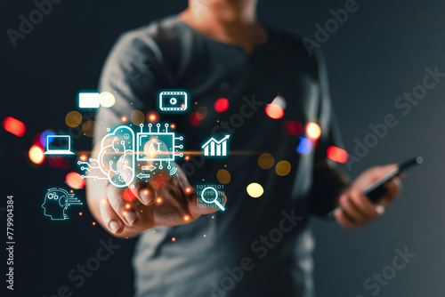 Man touch icon ai and use smartphone, Marketers education, research, analyze media video streaming content creation and online marketing strategies to grow their digital business.