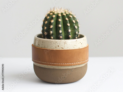 The cactus is planted in a ceramic pot and the pot is tied with a rope made of animal skin. Isolated on white background. 
 photo