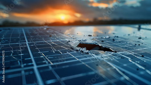 Damaged Solar Panels in Field Under Stormy Sky with Lightning. Concept of the impact of natural disasters on modern energy. © Adin