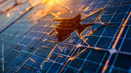 Shattered Solar Panel On A Sunny Day: Renewable Energy Challenges. Concept of the impact of natural disasters on modern energy. photo