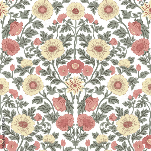 Seamless pattern with folk art design elements. Folk vector illustration with flowers on white background. Traditional motif. © Evgeniia