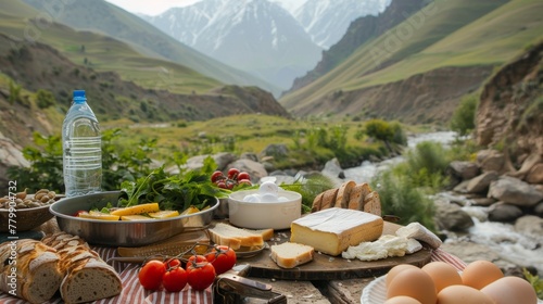 Mountain Picnic: Enjoying food amidst stunning alpine scenery © Suradet Rakha