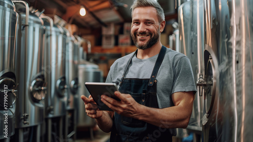 Brewmaster Happy man in apron hold tablet computer on background Craft Beer Production at Brewery. photo