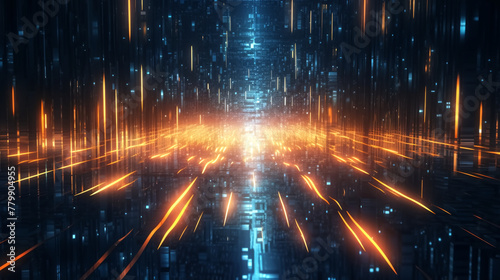 Abstract digital cityscape with glowing lines and particles. Futuristic network representation. Cyber technology and digital concept for background and wallpaper