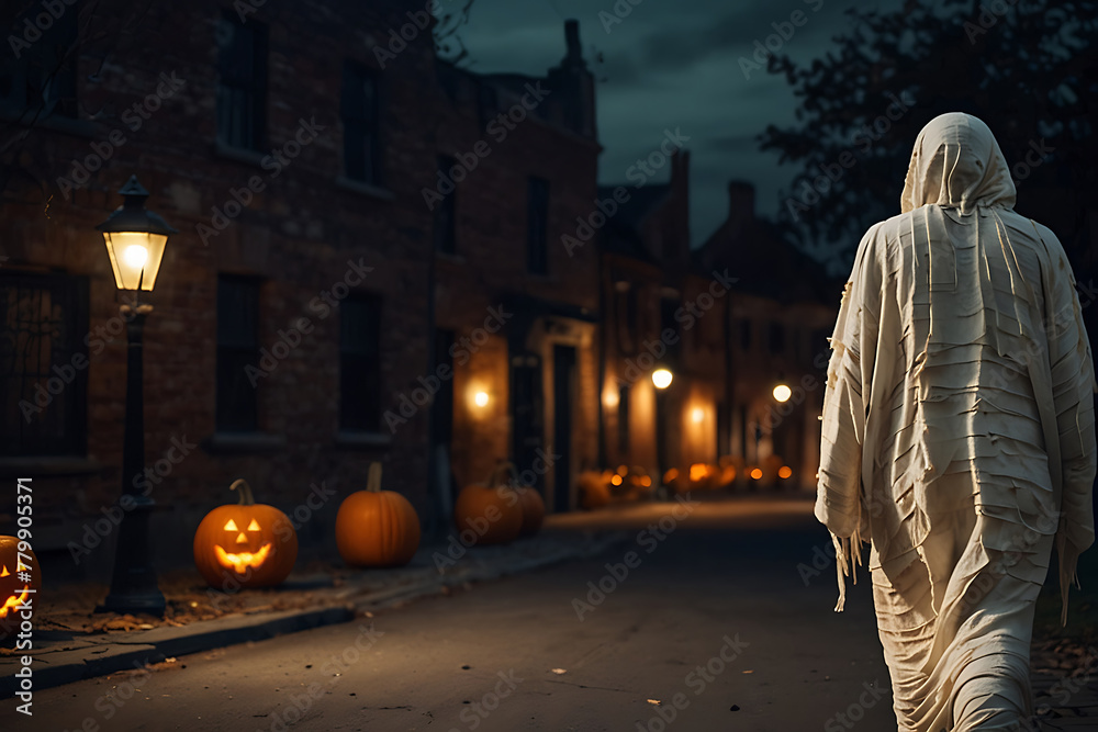 ghost walking on the pumpkin street, Halloween day concept, AI Generative