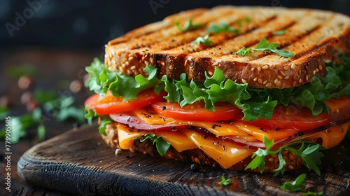 Fresh Grilled Fish Sandwich with Cheese and Vegetables on White Bread