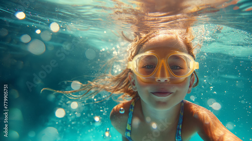 a girl swims underwater in a diving mask and a yellow swimsuit. She smiles and looks at the camera. Luxurious holiday concept