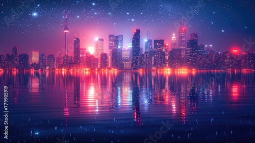 A cityscape at night, with skyscrapers and city lights reflecting in a lake © Veniamin Kraskov