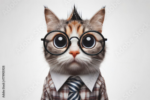 cat wear glasses with strange facial expressions on solid white background