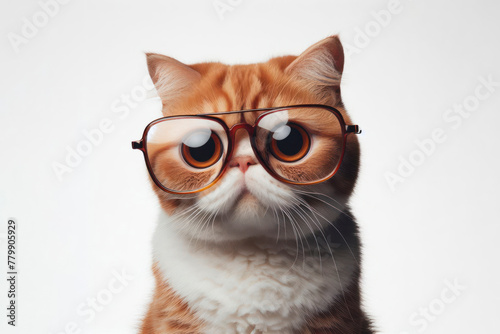 cat wear glasses with strange facial expressions on solid white background