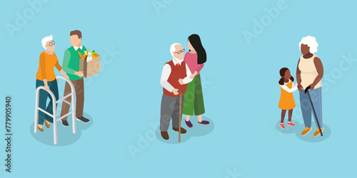 3D Isometric Flat Vector Illustration of Elderly People, Senior Care, Volunteering