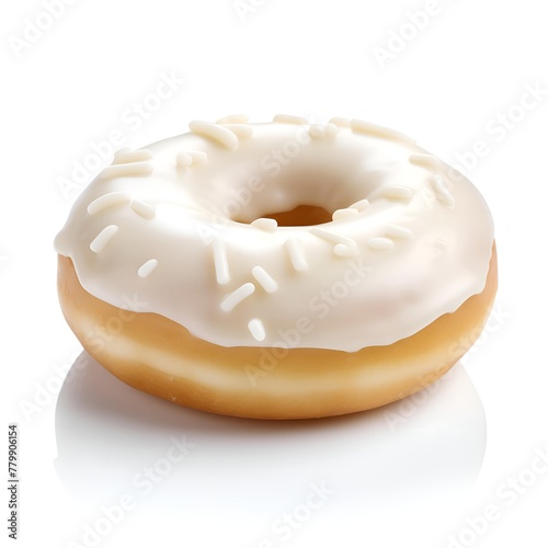 A delicious looking doughnut with  frosting and colorful sprinkles isolated on a white background, portraying a tempting sweet treat