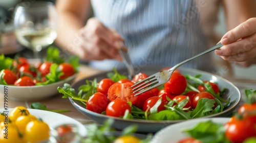 A person is cutting up a tomato with fork and knife, AI