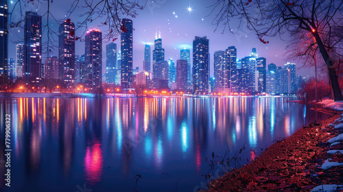 A cityscape at night, with skyscrapers and city lights reflecting in a lake