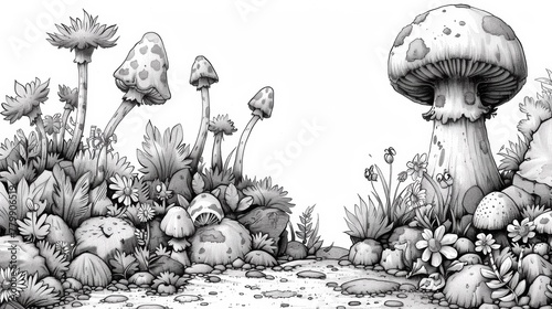 A drawing of a mushroom garden with rocks and plants, AI