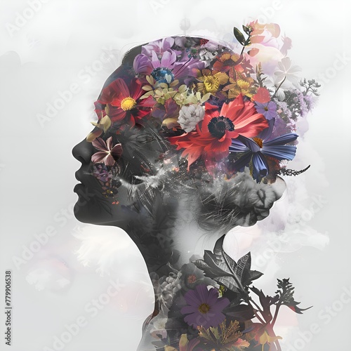 Captivating artwork displaying a silhouette of a woman's profile emerging from a burst of colorful flowers and elements, symbolizing nature's beauty photo