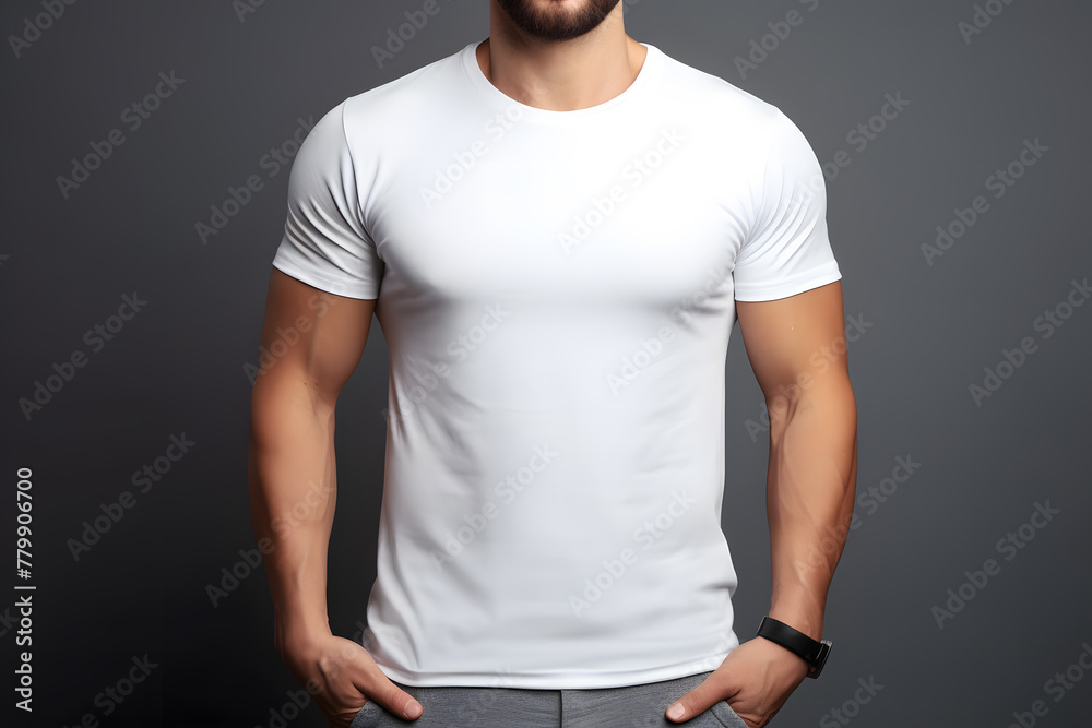 A muscular man in a white t-shirt mock up, viewed from the front isolated on white background A muscular man in a white t-shirt mock up, viewed from the front isolated on white background