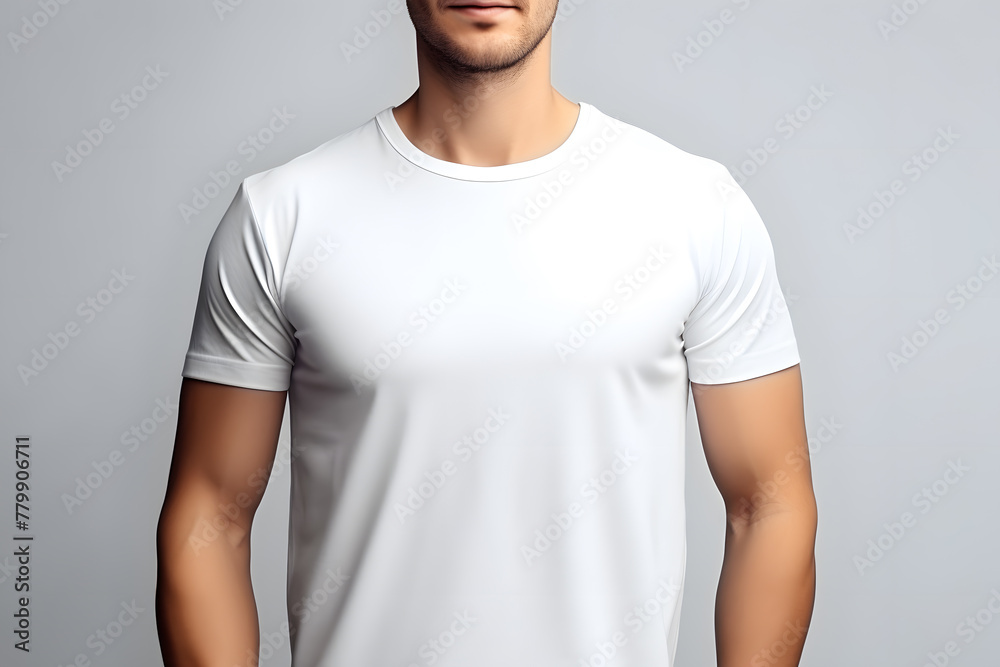 A muscular man in a white t-shirt mock up, viewed from the front isolated on white background A muscular man in a white t-shirt mock up, viewed from the front isolated on white background