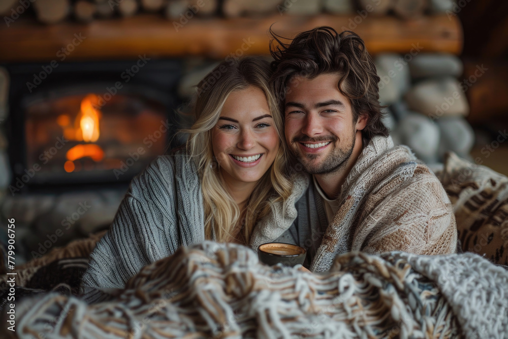 A young couple relaxes in a cozy cabin, enjoying the peace and quiet of nature
