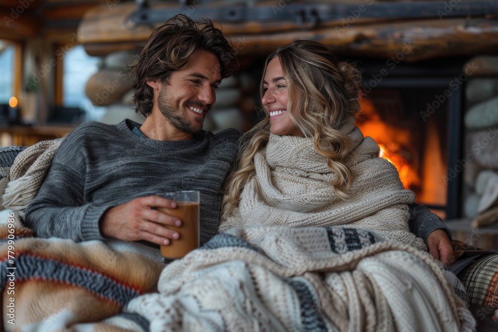 A young couple relaxes in a cozy cabin, enjoying the peace and quiet of nature