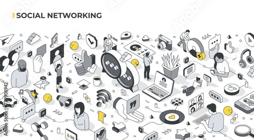 Social networking isometric illustration. People connect, communicate, interact online via platforms. They create profiles, share content, engage with others through comments, likes, and messages