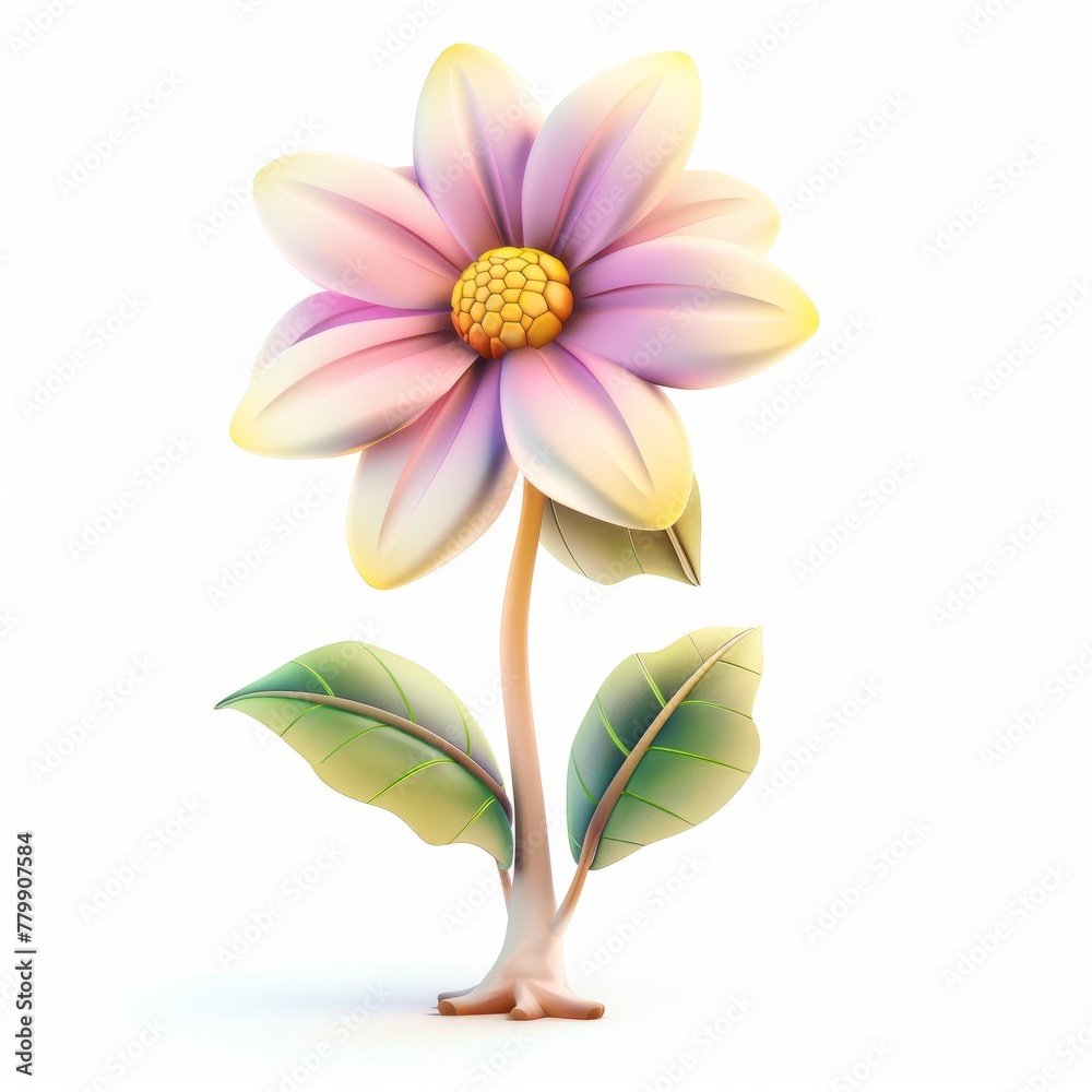 Fototapeta premium One pink flower on the stem and leaves, delicate color, pastel colors, 3d, Cartoon style.
