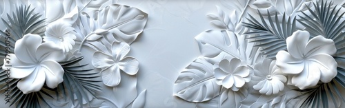 Geometric Floral Tropical Leaves on White Tiles - Wall Texture Background Banner Illustration © hisilly