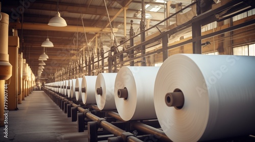 Rolls of paper lined up on a conveyor belt in a factory setting