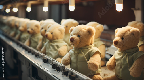 Teddy bears lined up on a factory conveyor belt