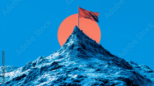 A visual of a steep mountain with a flag at the peak, half the image reserved for text on the journey to solve "Big Problems." © weerasak