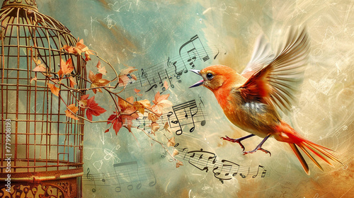 A whimsical bird escaping its cage, with a trail of musical notes, singing the song of freedom.