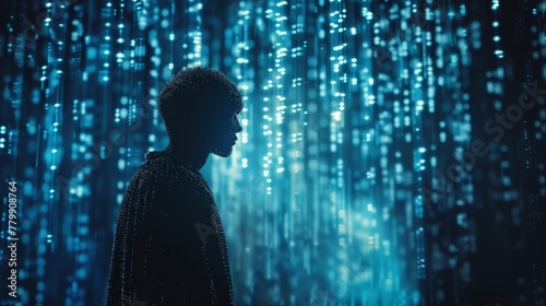 A man stands in front of a blue light display. The lights are arranged in a way that creates a sense of depth and movement. The man is lost in thought