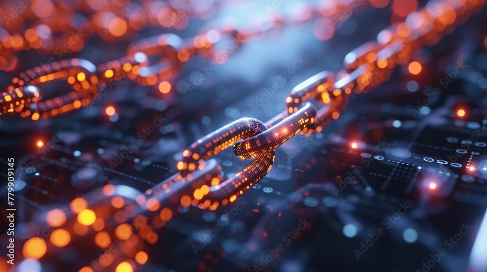 A chain of links is shown in a dark background with a bright orange glow. The chain is made up of many small links, and the links are all connected to each other. The image has a futuristic A chain of links is shown in a dark background with a bright orange glow. The chain is made up of many small links, and the links are all connected to each other. The image has a futuristic