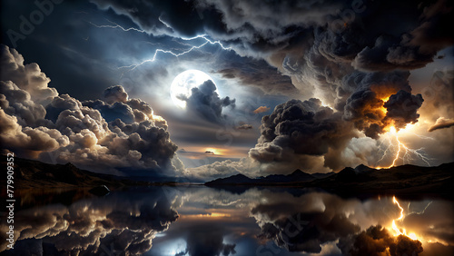 The clouds shone with the terrifying light of lightning in scary planet The black lake reflects like a mirror photo
