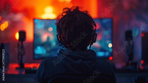 A man is sitting in front of a computer monitor with headphones on. The room is dimly lit and the man is focused on the screen
