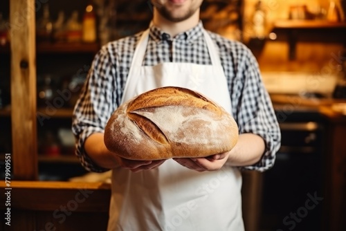 Experienced baker holding dark warm bread bakery fresh homemade wheat cake professional man kitchen work rustic business cafe coffee shop store owner tasty baked goods flour grain secret ingredient