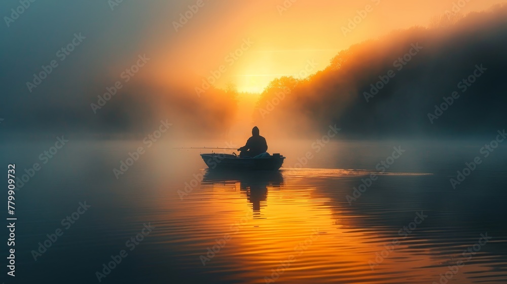 A man is sitting in a boat on a lake, with the sun setting in the background. The water is calm and the sky is orange