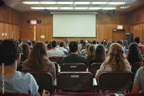 A group of students attentively listening to a lecture in a college classroom.