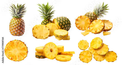 Pineapple pineapples fruit, many angles and view side top front sliced halved group pile cut isolated on transparent background cutout, PNG file. Mockup template for artwork graphic design	
