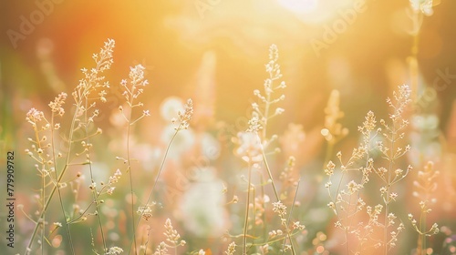  serene beauty of a garden at sunrise in a close-up photograph, highlighting the delicate dewdrops on petals and the soft glow of the morning light.