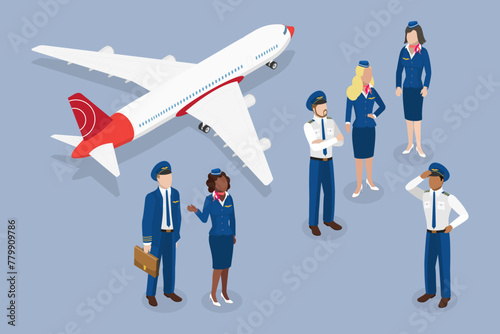 3D Isometric Flat Vector Illustration of Airplane Crew, Aircraft Staff photo