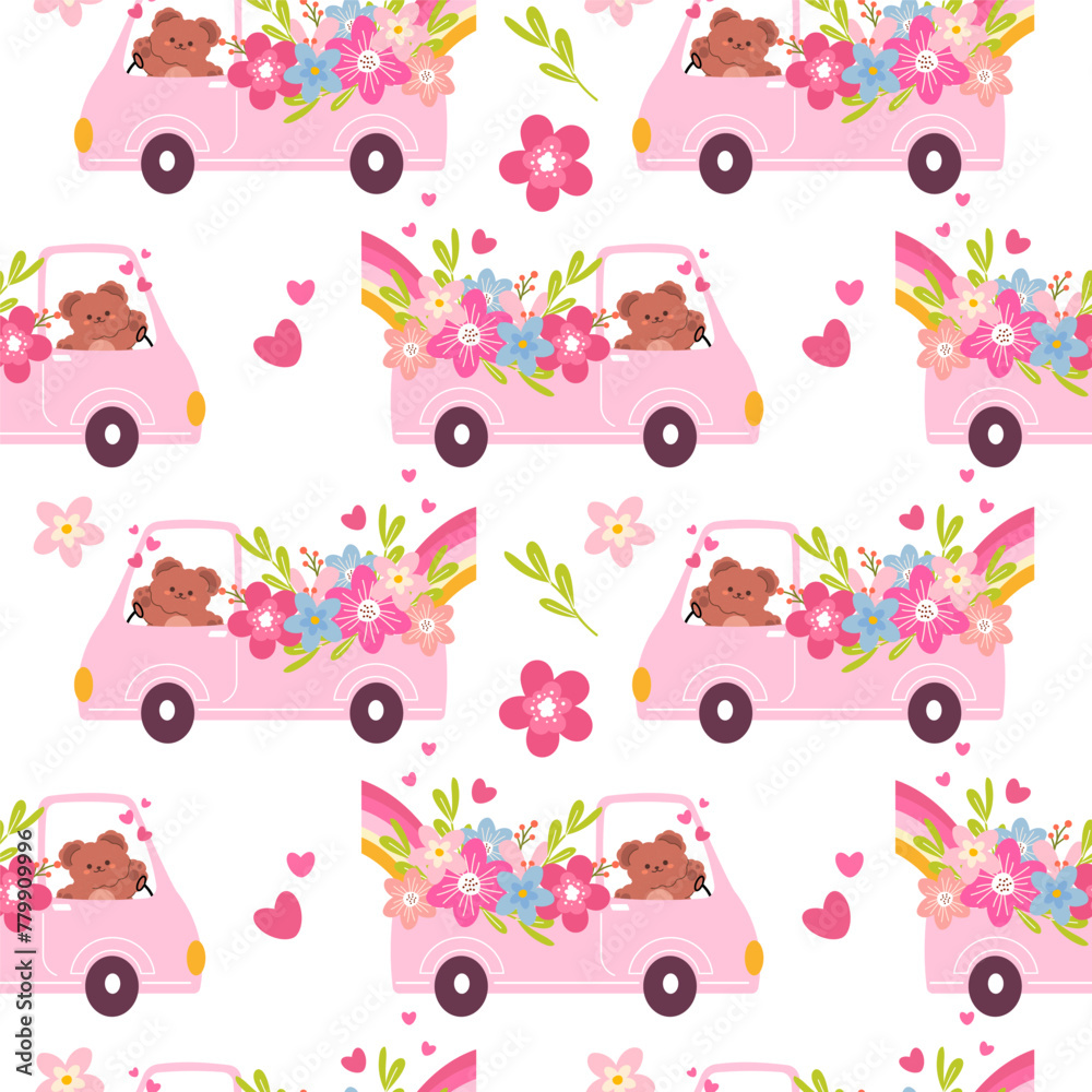 Obraz premium Seamless pattern with cute bear in pink pickup truck with flowers. Seamless pattern with animals and flowers. Decorative elements for Mother day, Happy Birthday, Happy holiday postcard background