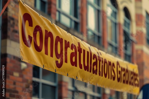 A university banner with the words "Congratulations Graduates" hanging in the background