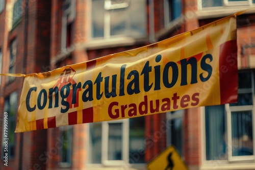 A university banner with the words "Congratulations Graduates" hanging in the background.