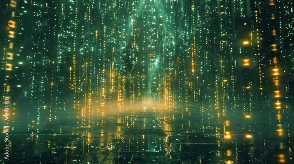 A green and yellow cityscape with a lot of lights. The lights are in a pattern and are very bright